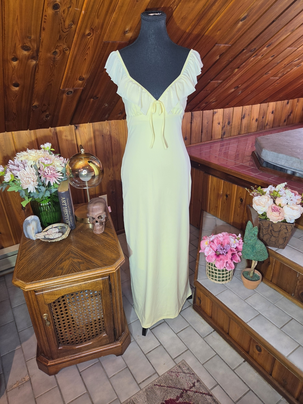 Cider Pale Yellow Ruffle V-Neck Tie-Front Maxi Dress NWT